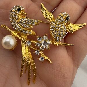 Vintage Gold and Silver Bird Brooch with Crystals and Pearl